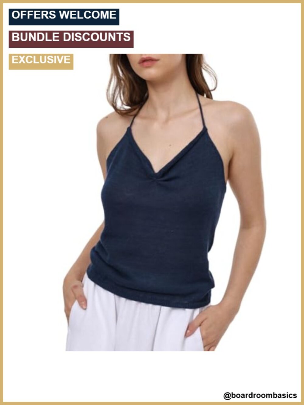 100% Linen Knit Halter Cami Top Sleeveless V-Neck Summer Tank
